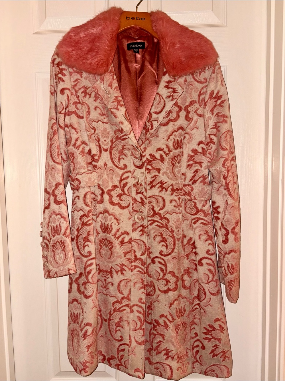 bebe Pink and Cream Floral Jacquard Coat with Detachable Faux-Fur Collar